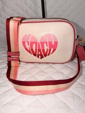 Coach Cream Crossbody with Pink Ombre Heart Logo and Striped Strap